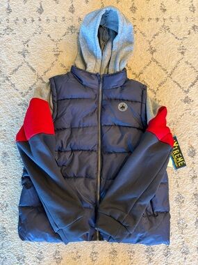 Boys’ Navy Puffer Vest with Gray Hoodie Coat